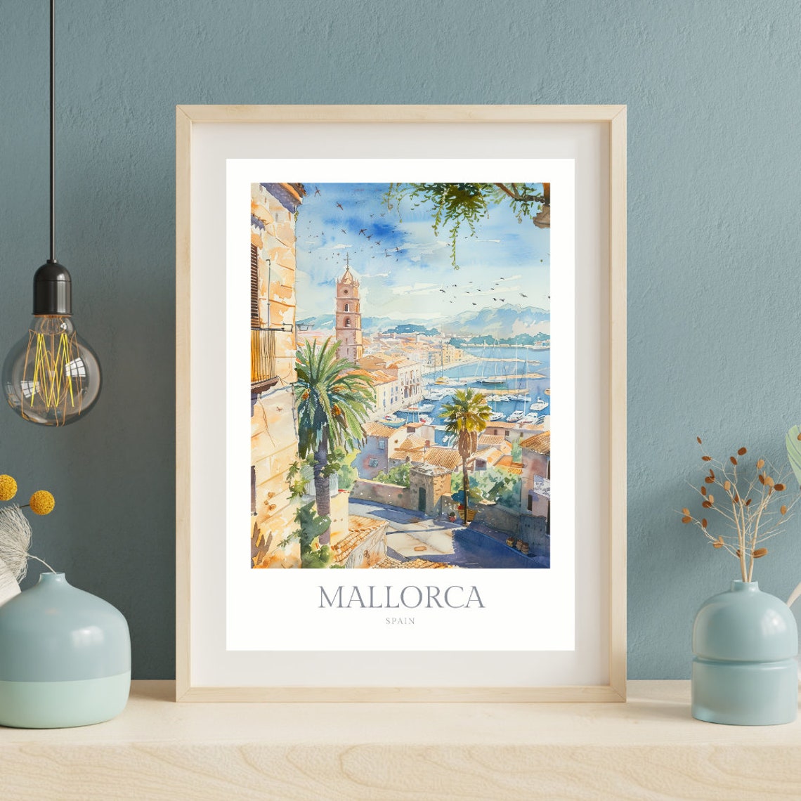 Mallorca Spain Watercolor Marina Church Tower Sunny View Poster - Image 2