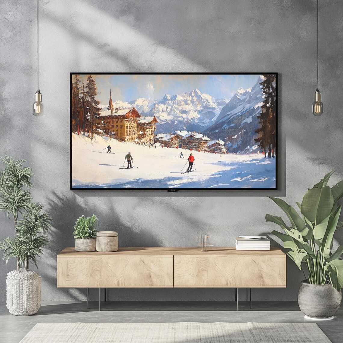 Alpine Ski Village Snowy Peaks Vintage Winter Skiers Oil Painting Poster - Image 2