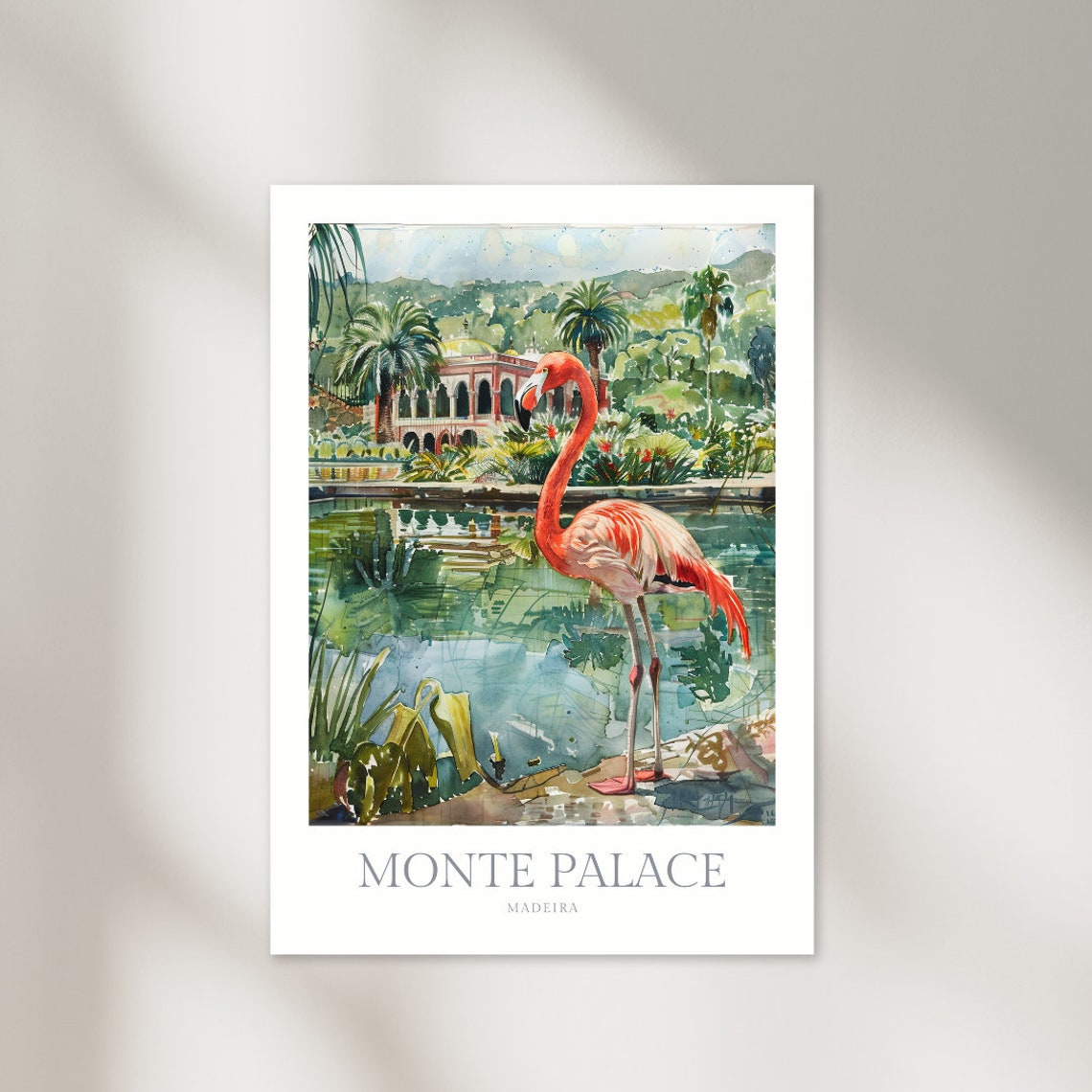 Monte Palace Madeira Flamingo Tropical Gardens Watercolor Poster