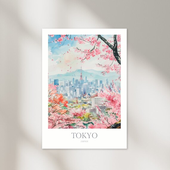 Tokyo Japan Watercolor Poster, Cherry Blossom Art