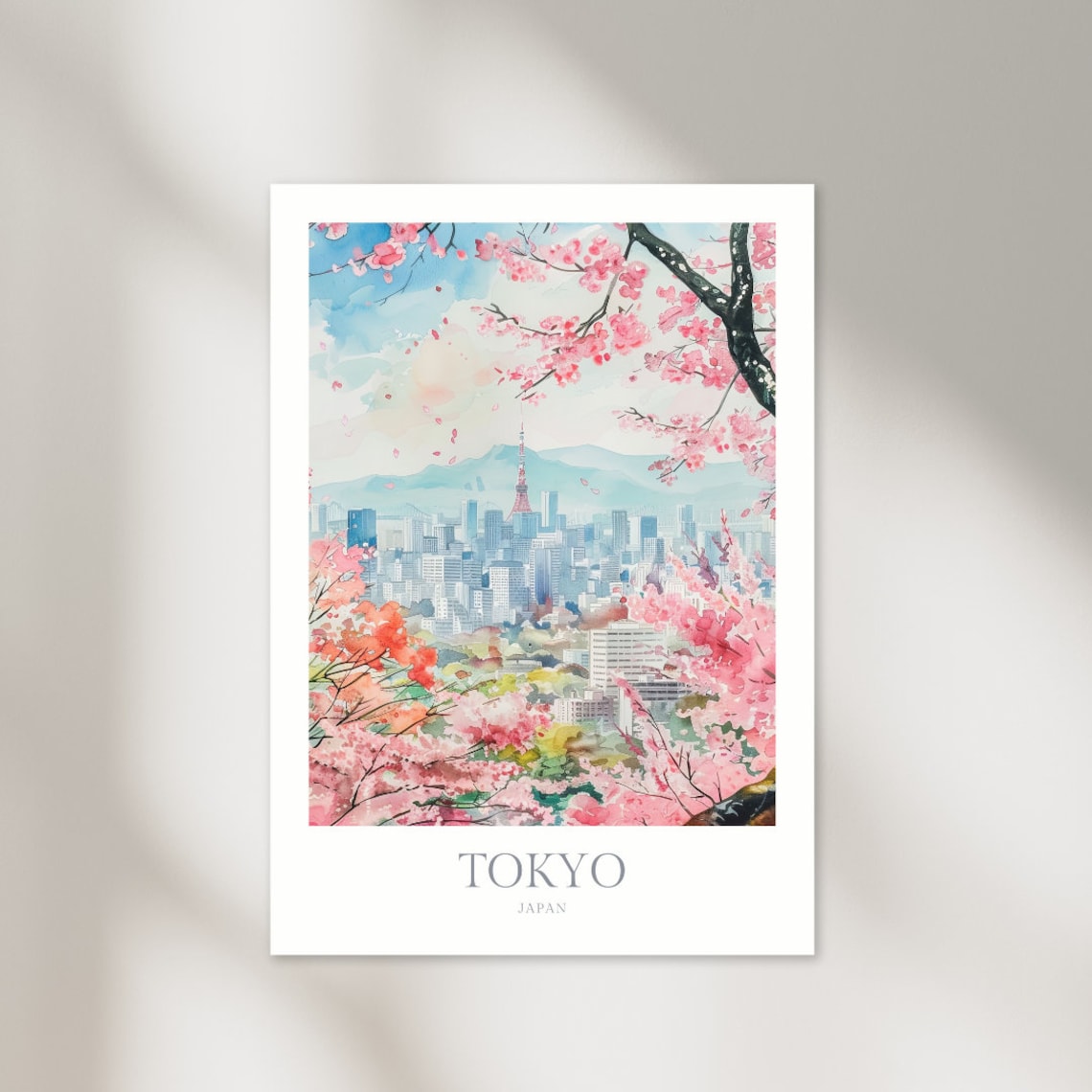 Tokyo Japan Watercolor Poster, Cherry Blossom Art