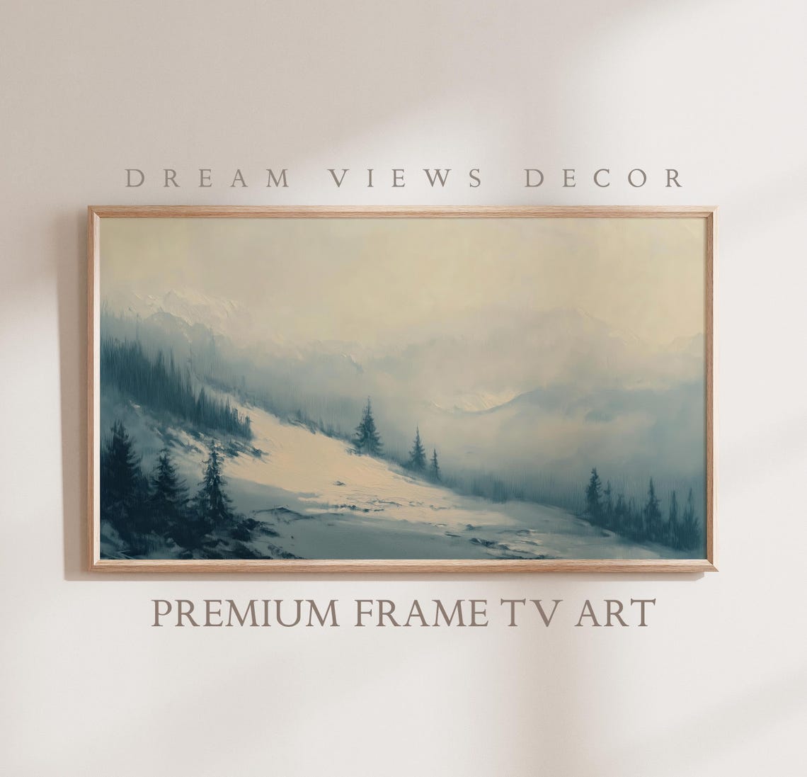Misty Snowy Mountain Slope Pine Trees Winter Landscape Frame TV Poster