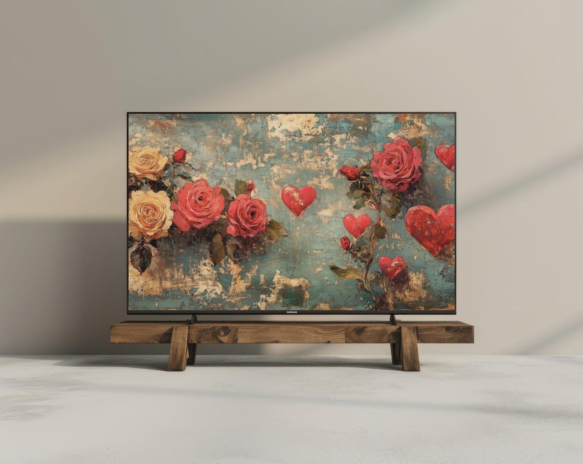 Valentines Day Roses Red Hearts Vintage Oil Painting Romantic Wall Art - Image 3