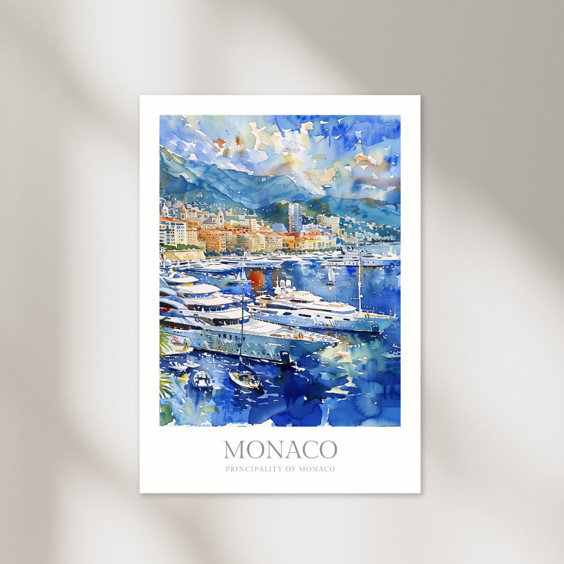 Monaco Principality Harbor Yachts Watercolor Riviera Scene Poster