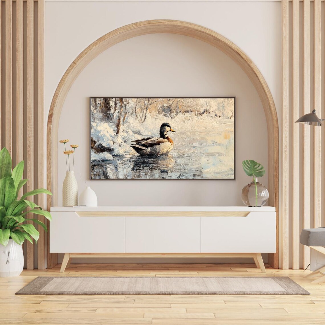 Mallard Duck Icy Winter Pond Snowy Banks Impressionist Painting Poster - Image 2