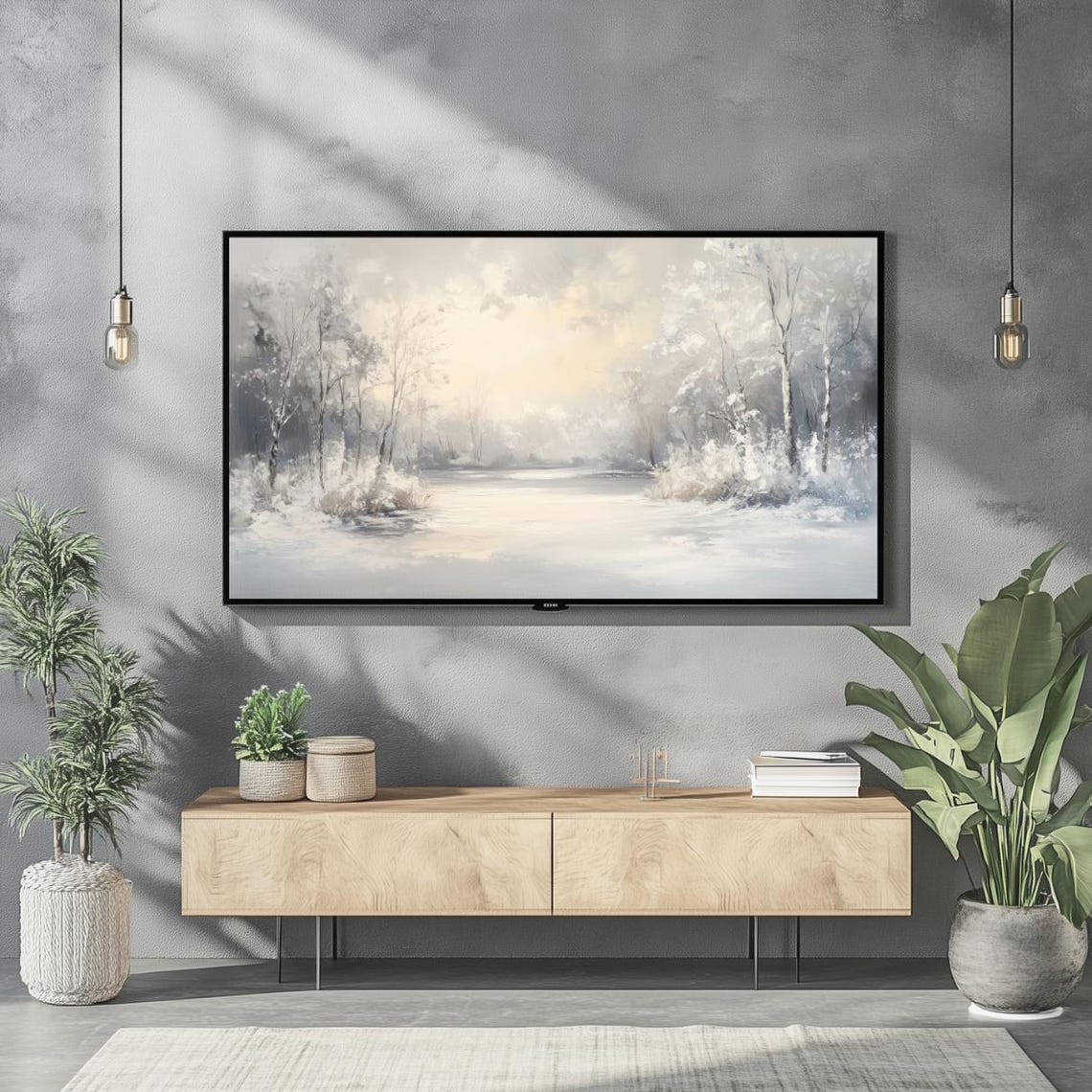 Frosty Winter Lake White Snow Landscape Serene Oil Painting Wall Art - Image 2