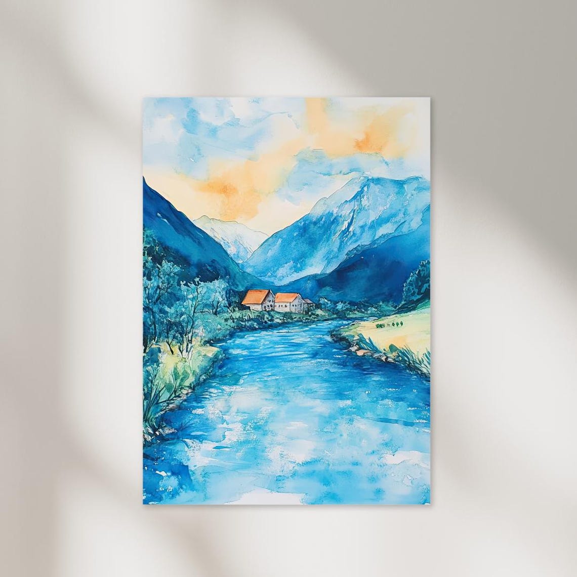 Mountain River Valley Watercolor Landscape Log Cabin Art Poster