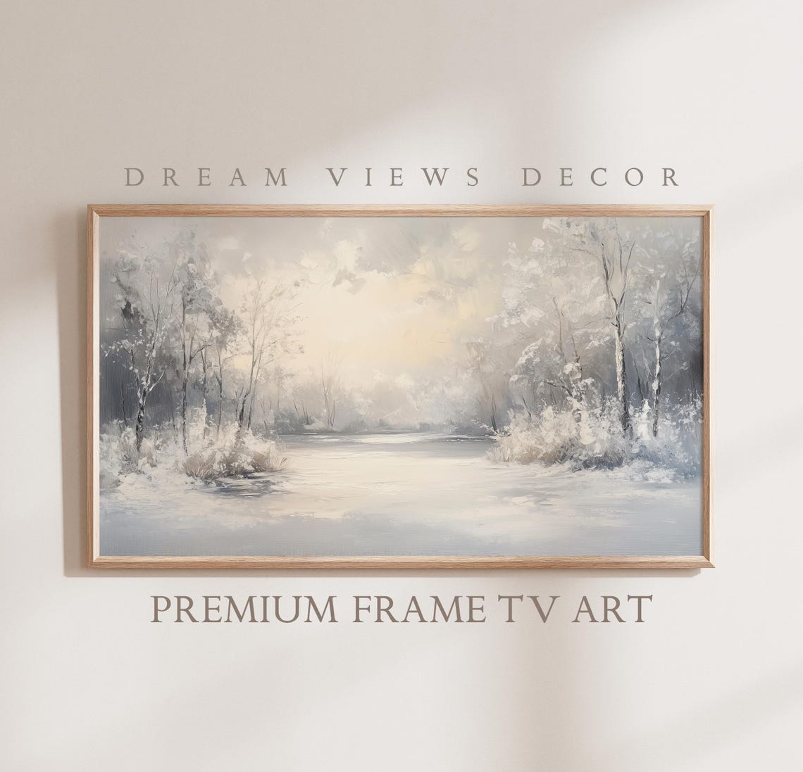 Frosty Winter Lake White Snow Landscape Serene Oil Painting Wall Art