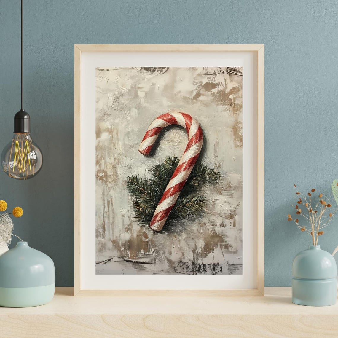 Vintage Christmas Candy Cane Oil Painting Style Holiday Wall Art - Image 2
