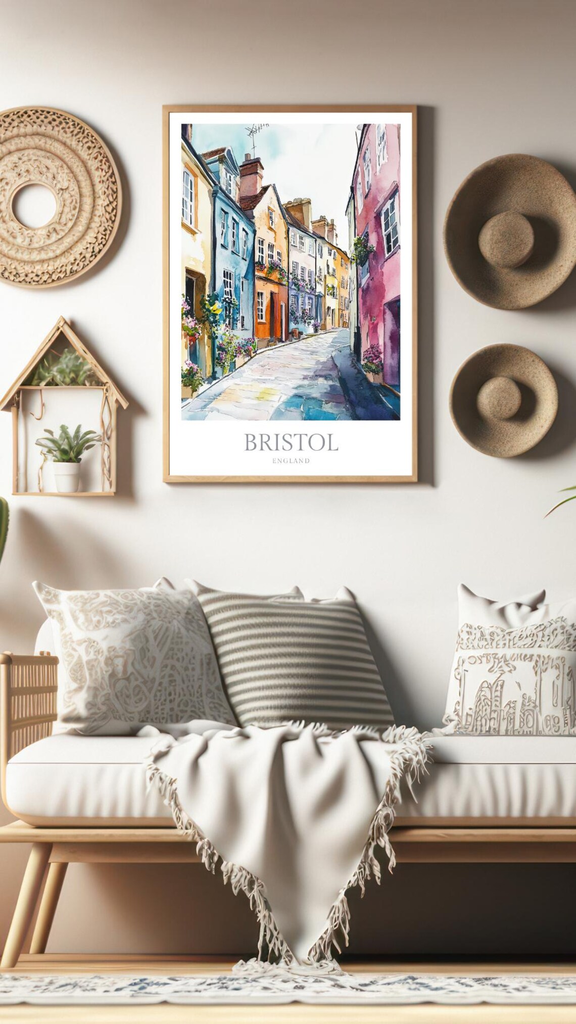 Bristol England Colorful Houses Cobblestone Street Watercolor Poster - Image 2