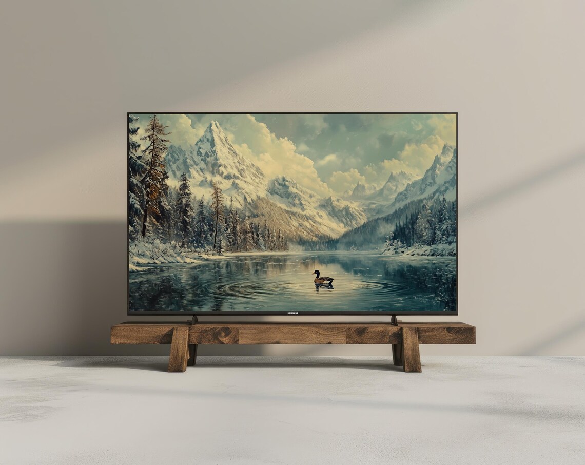 Winter Duck Alpine Lake Snowy Mountains Vintage Oil Painting Poster - Image 3