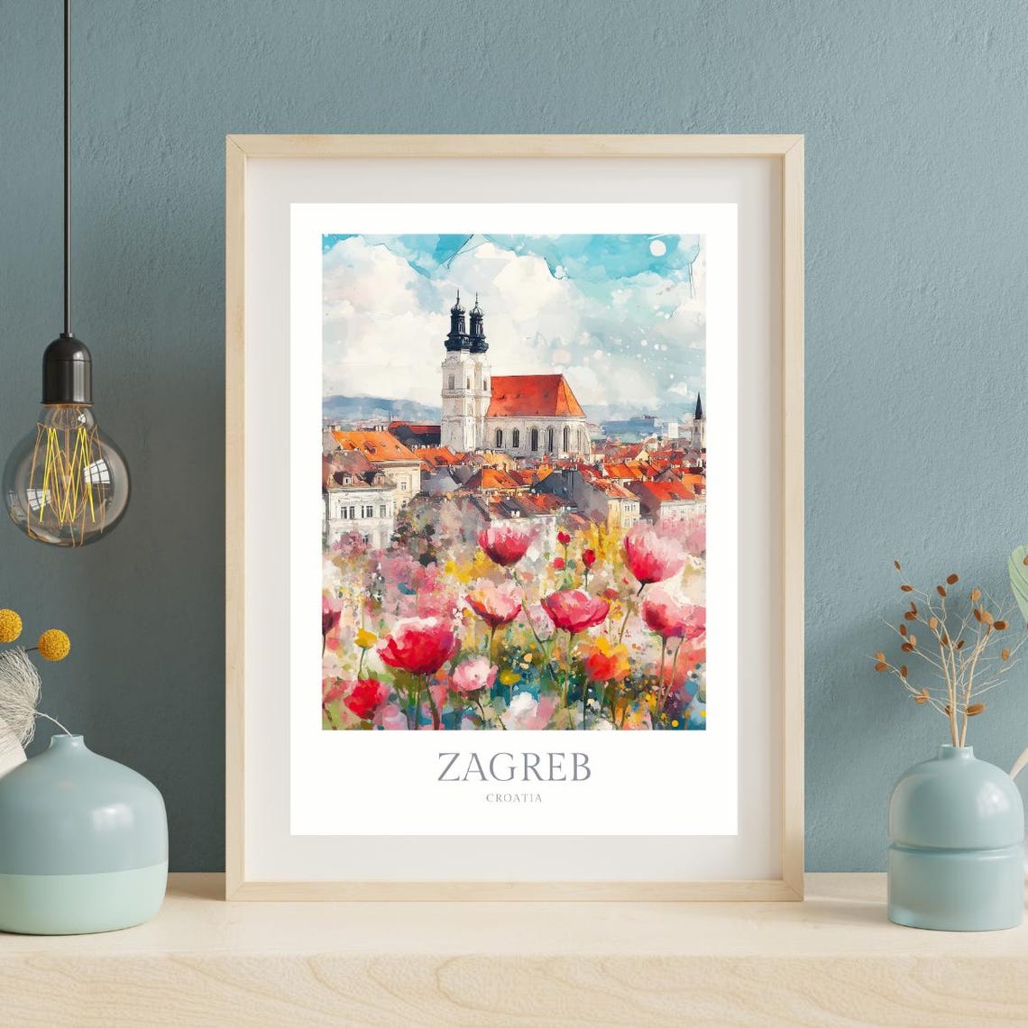 Zagreb Croatia Old Town Rooftops Wildflowers Watercolor City Poster - Image 2
