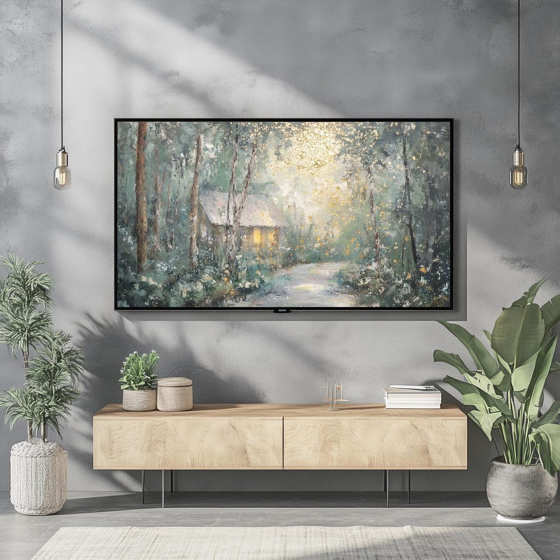 Golden Forest Cabin Glowing Light Dreamy Woodland Painting Wall Art - Image 2