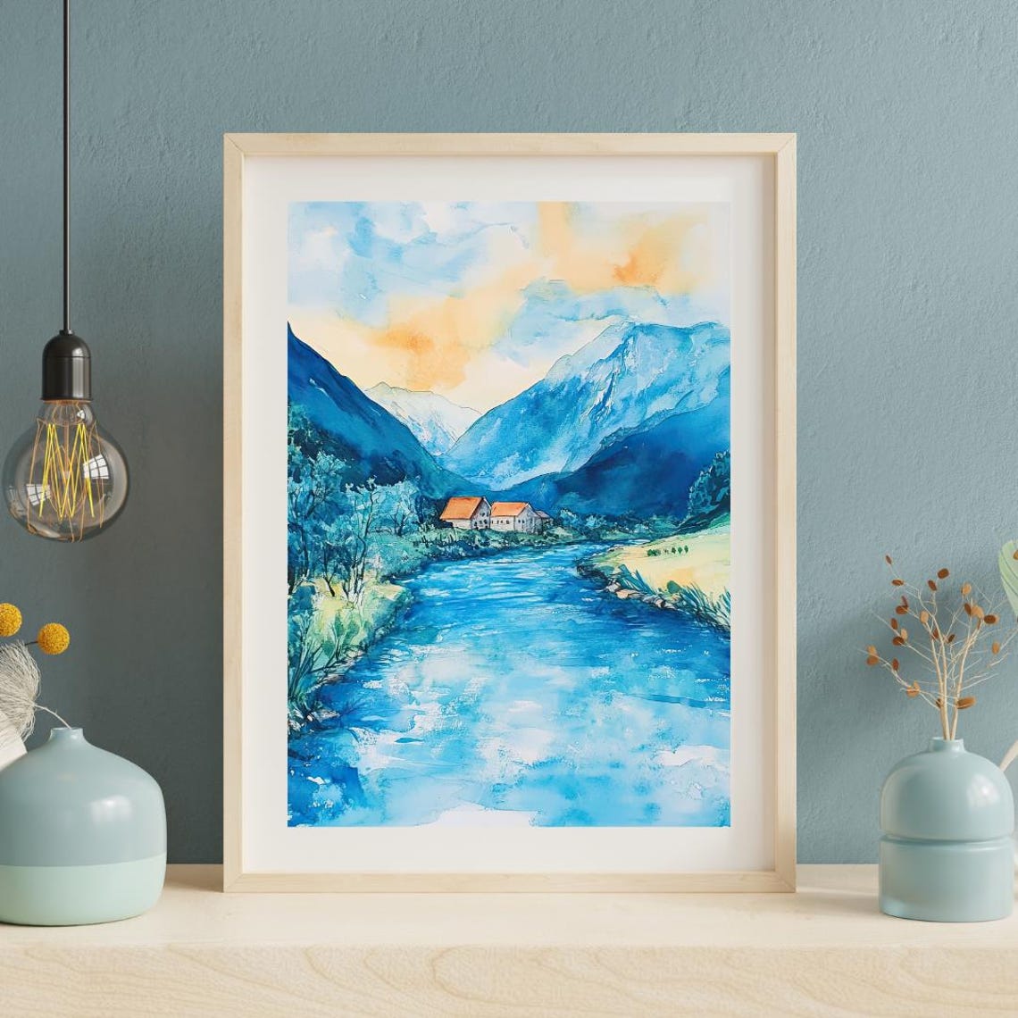 Mountain River Valley Watercolor Landscape Log Cabin Art Poster - Image 2