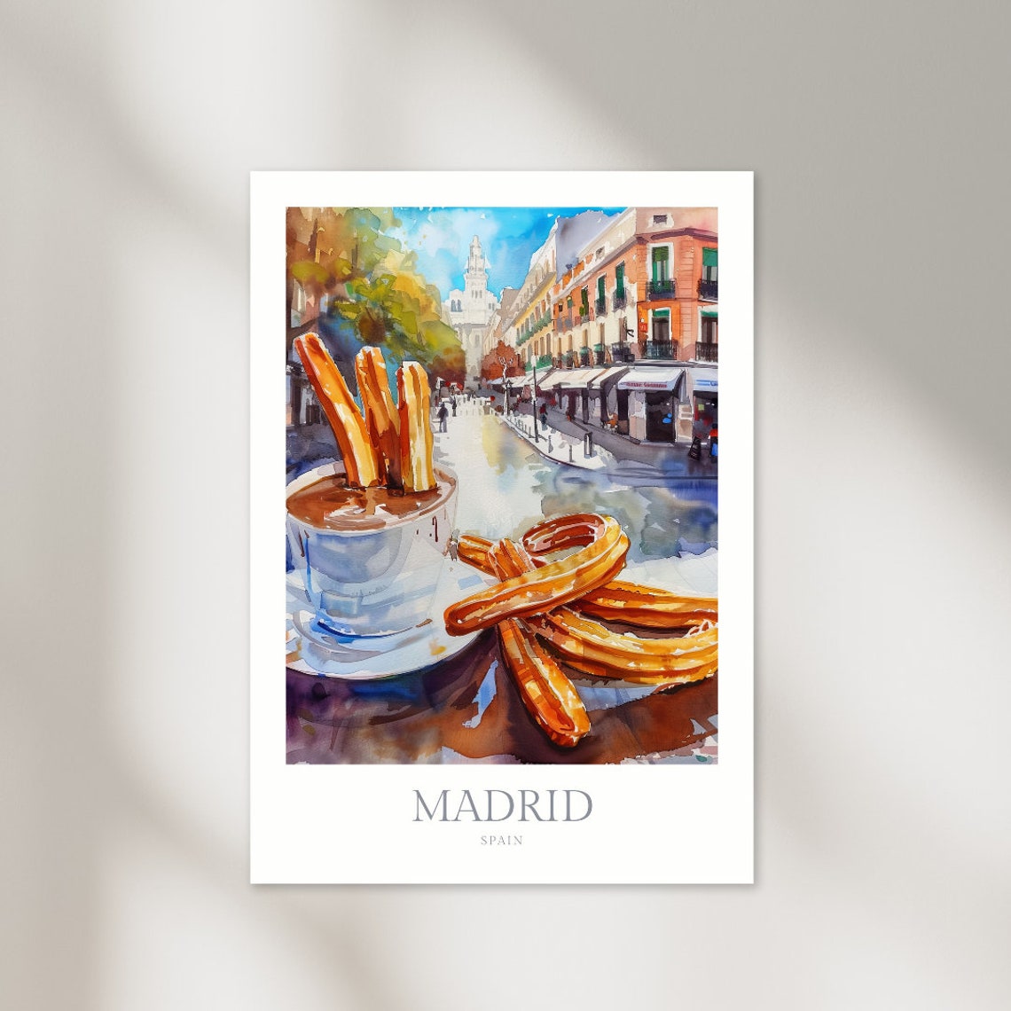 Madrid Spain Churros Hot Chocolate Street Scene Watercolor Poster