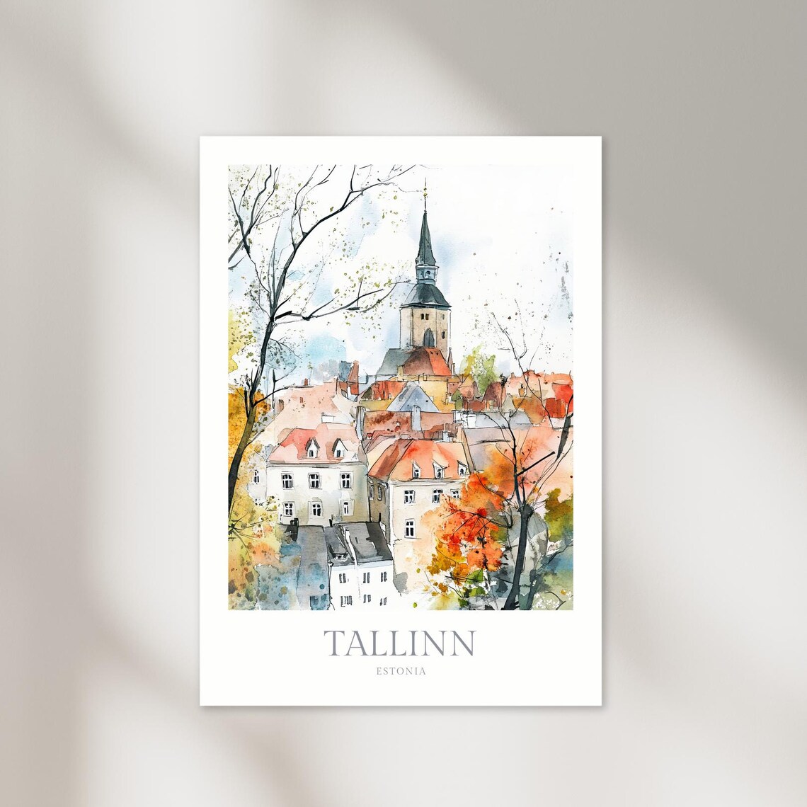 Tallinn Estonia Autumn Old Town Church Tower Watercolor Poster