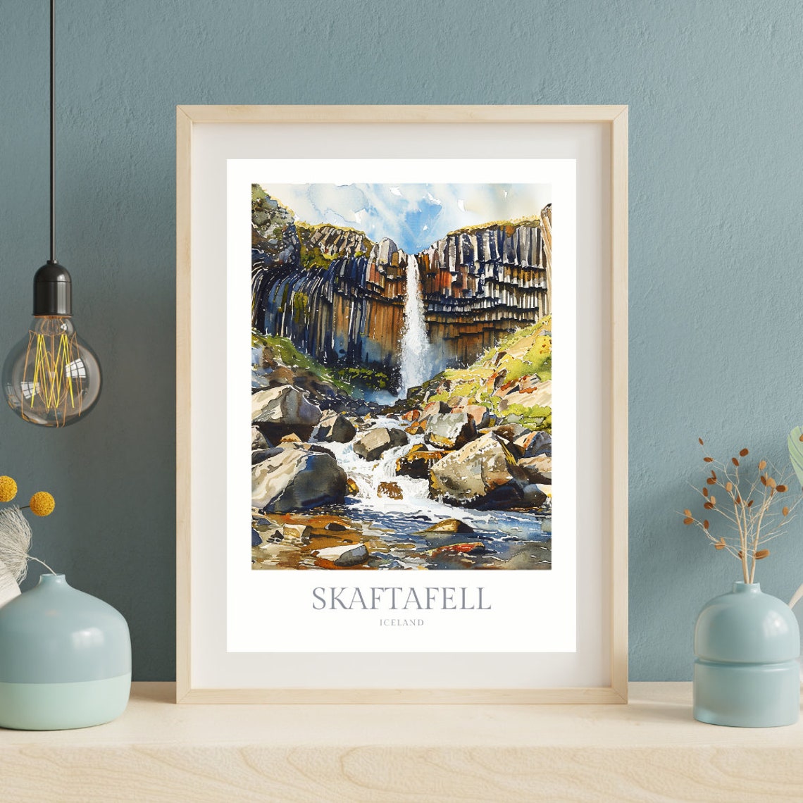 Skaftafell Iceland Watercolor Basalt Waterfall Scenic Travel Poster - Image 2