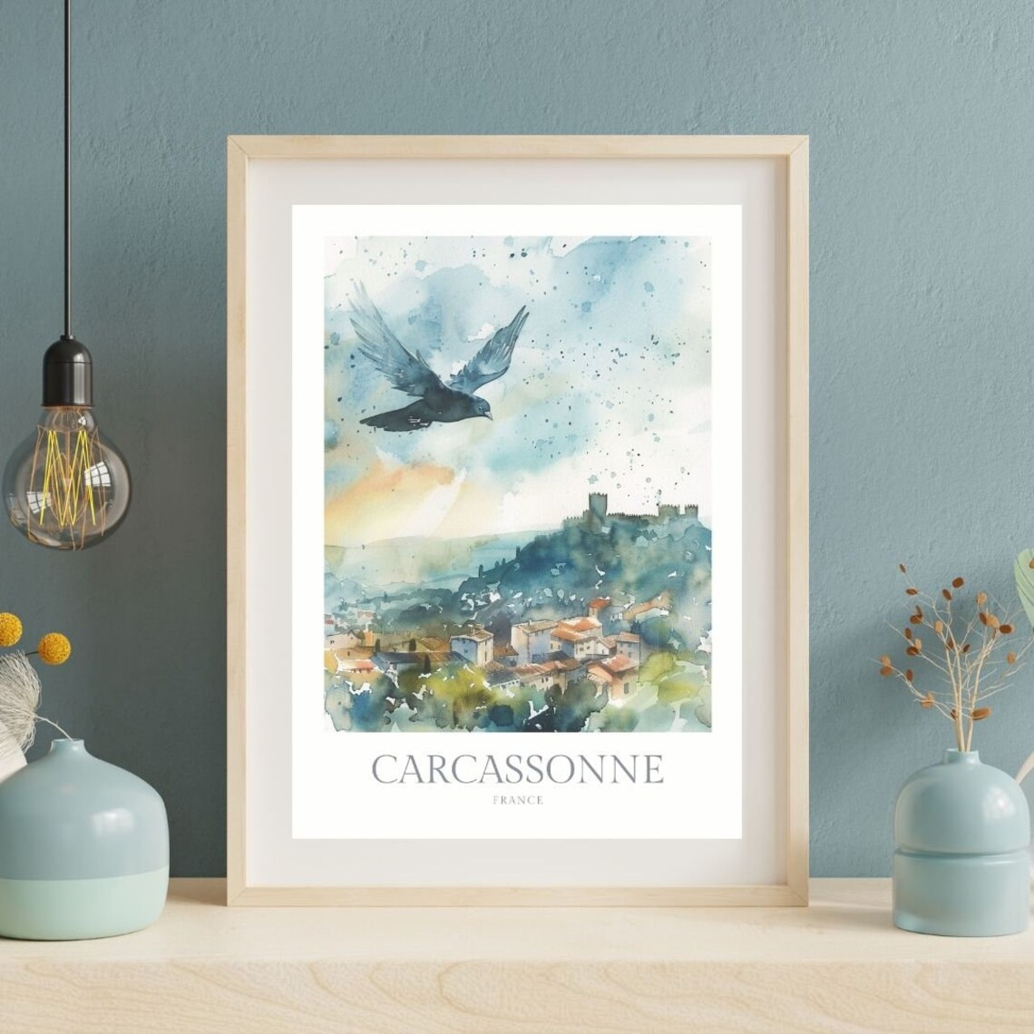 Carcassonne France Watercolor Medieval Fortress Town Bird Poster - Image 2