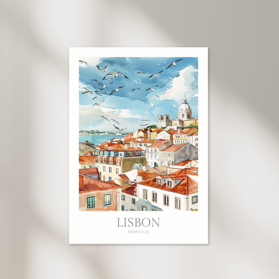 Sunlit Lisbon Portugal Watercolor Skyline Cityscape Travel Poster