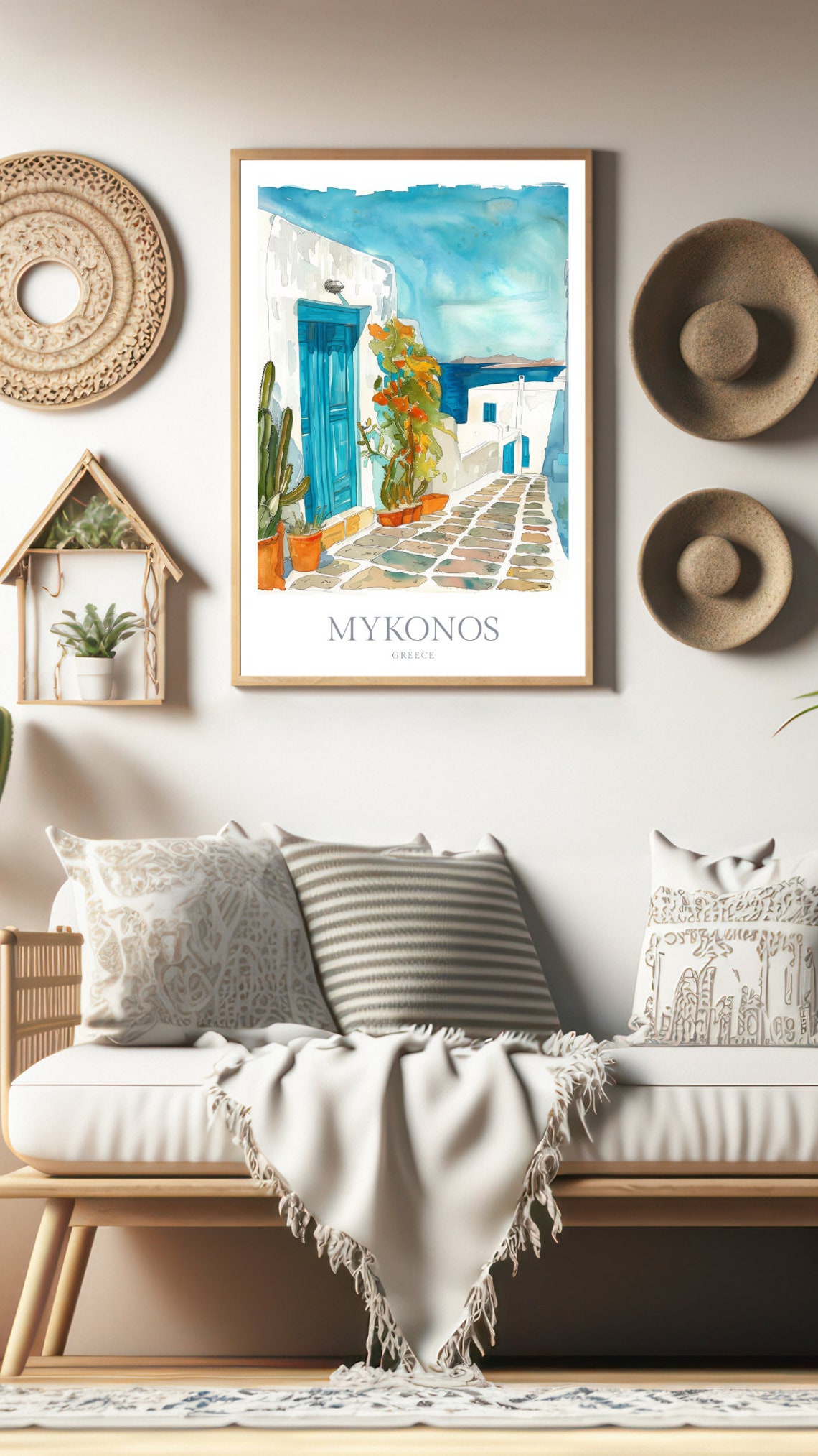 Mykonos Greece Whitewashed Alley Blue Door Watercolor Travel Poster - Image 2
