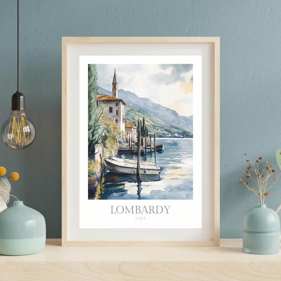 Lombardy Italy Lakeside Village Church Tower Boat Watercolor Poster - Image 2