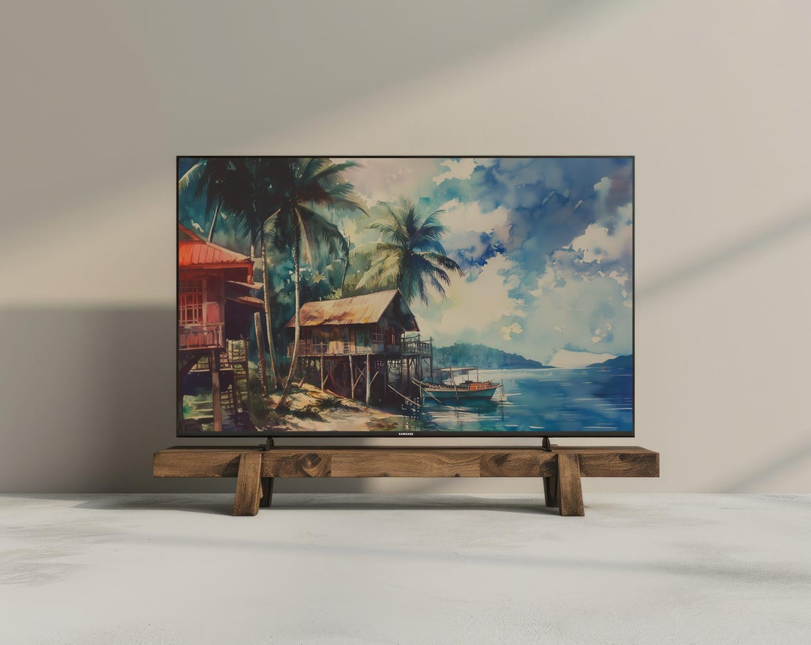 Tropical Philippines Stilt Huts Lagoon Watercolor Island Frame Poster - Image 3