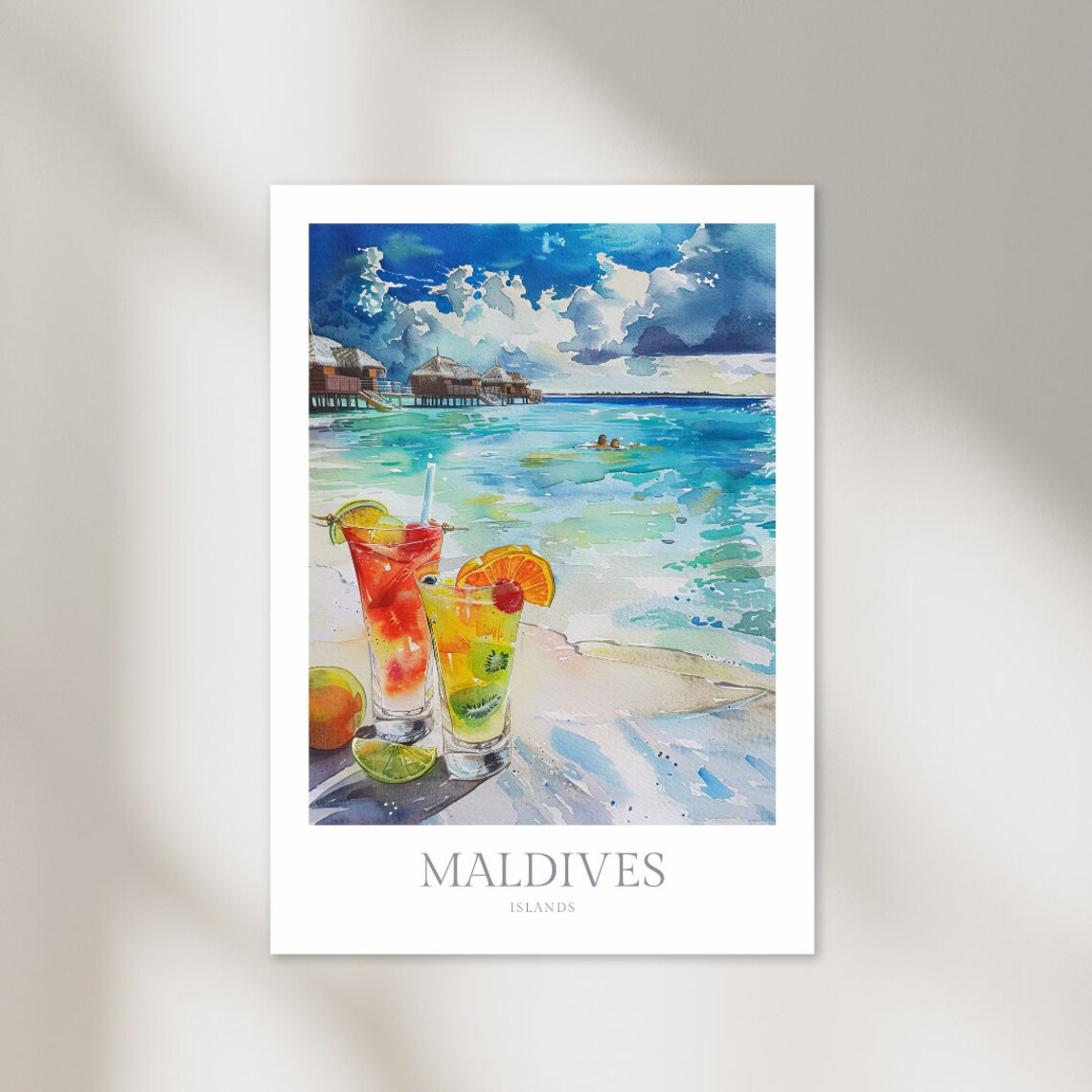 Maldives Islands Watercolor Beach Cocktails Overwater Bungalow Poster
