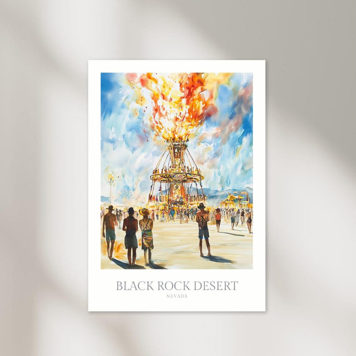 Black Rock Desert Nevada Burning Man Effigy Fire Watercolor Poster