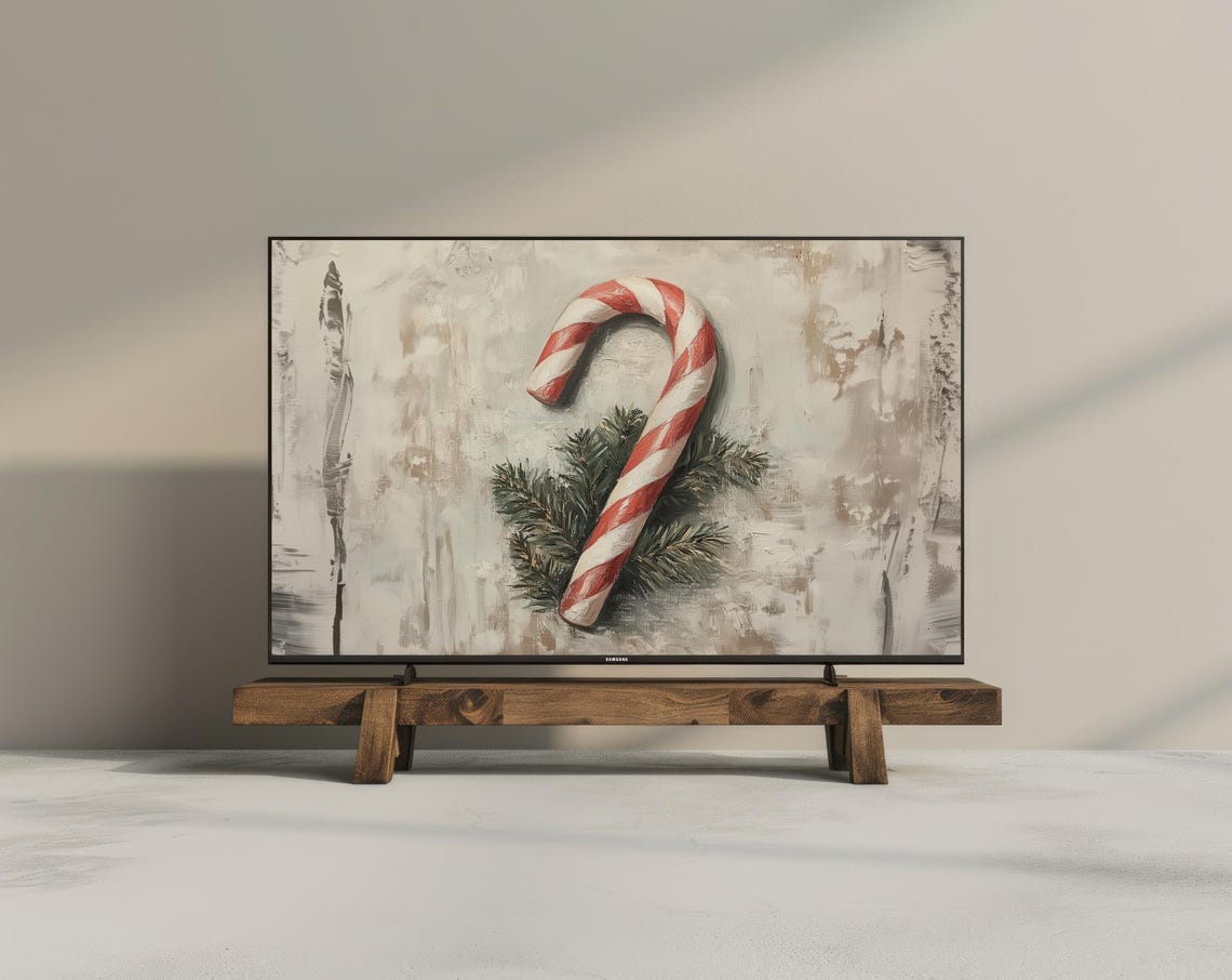 Christmas Candy Cane Pine Sprigs Rustic Abstract Frame TV Poster - Image 2