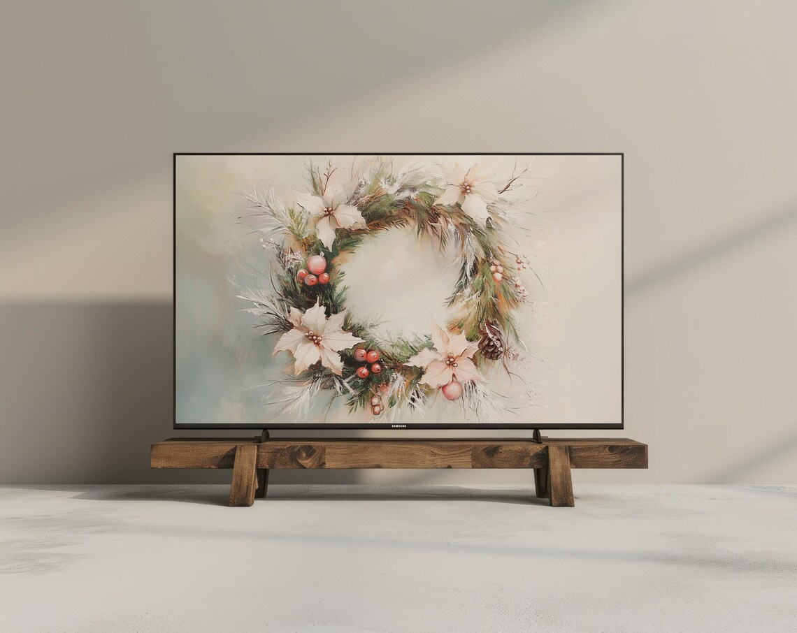 Christmas Wreath White Poinsettia Watercolor Frame Tv Art Print