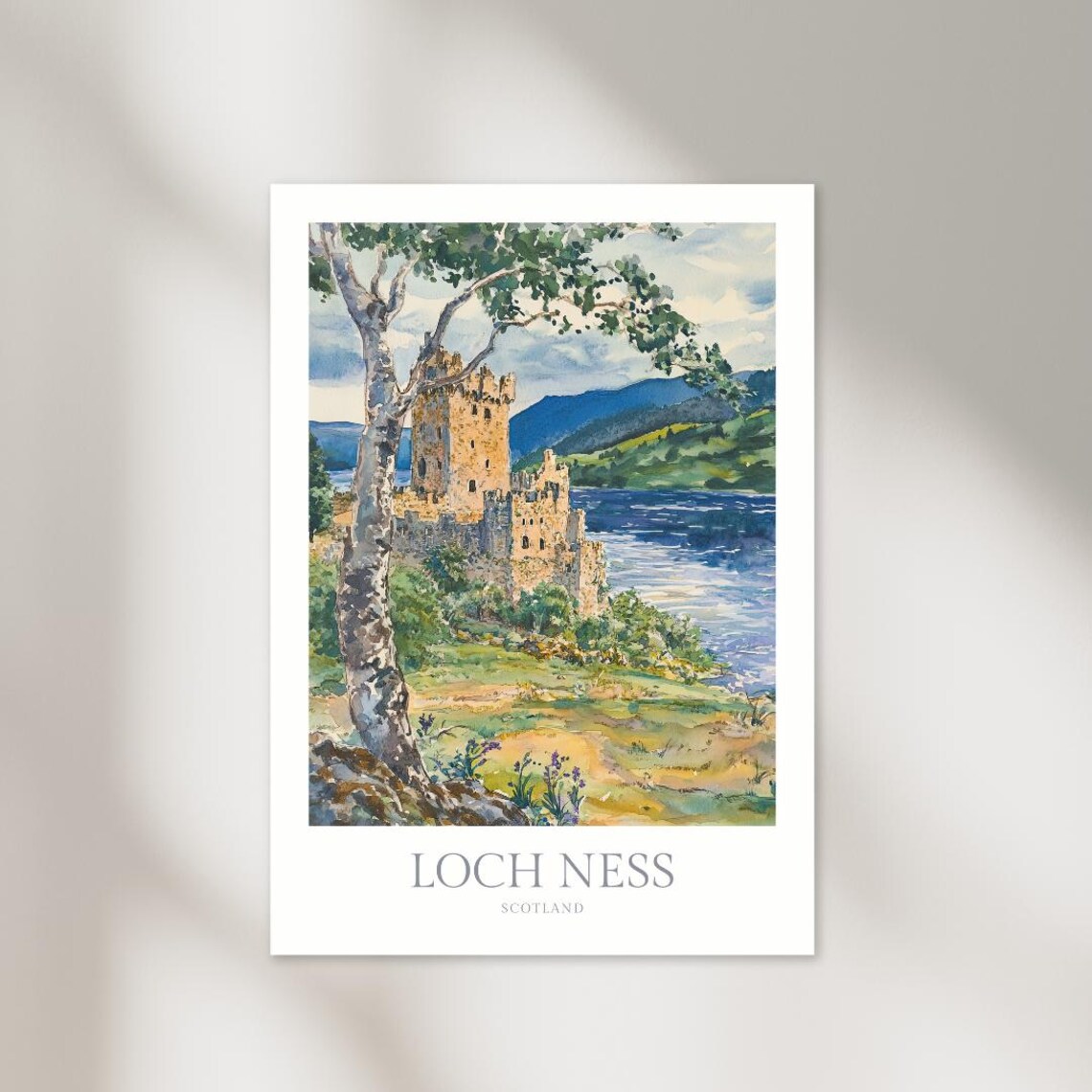 Loch Ness Watercolor Poster, Scotland Travel Poster