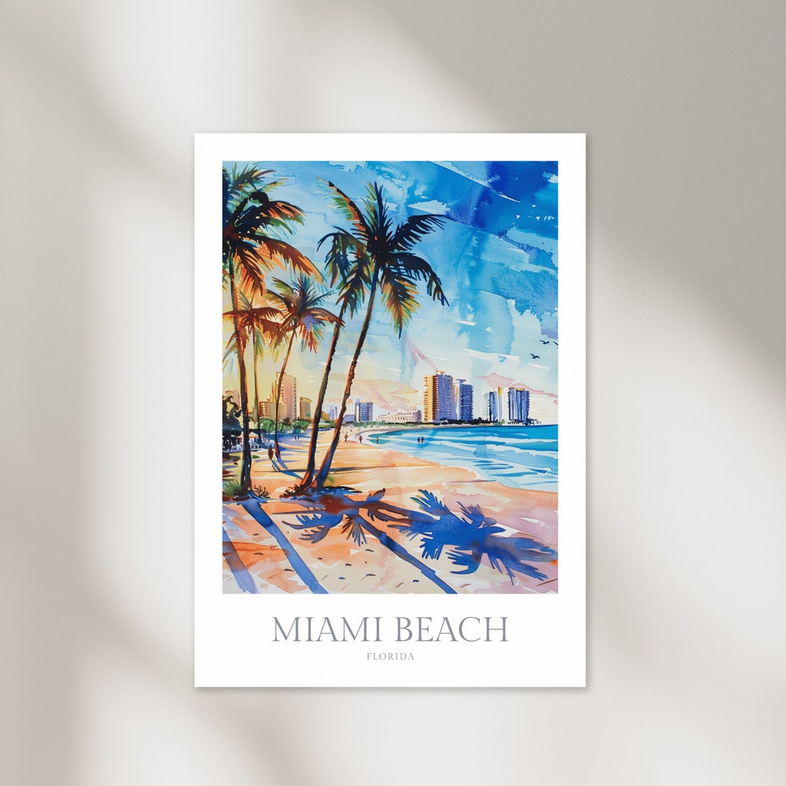 Miami Beach Florida Palm Trees Skyline Watercolor Artwork Poster