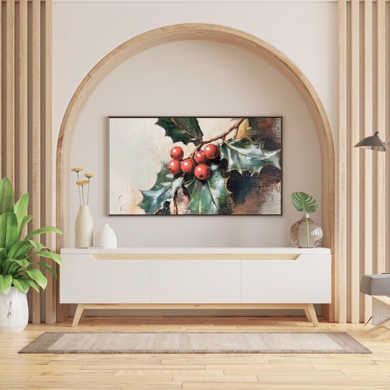 Vintage Holly Berry Oil Painting Christmas Frame TV Art Poster