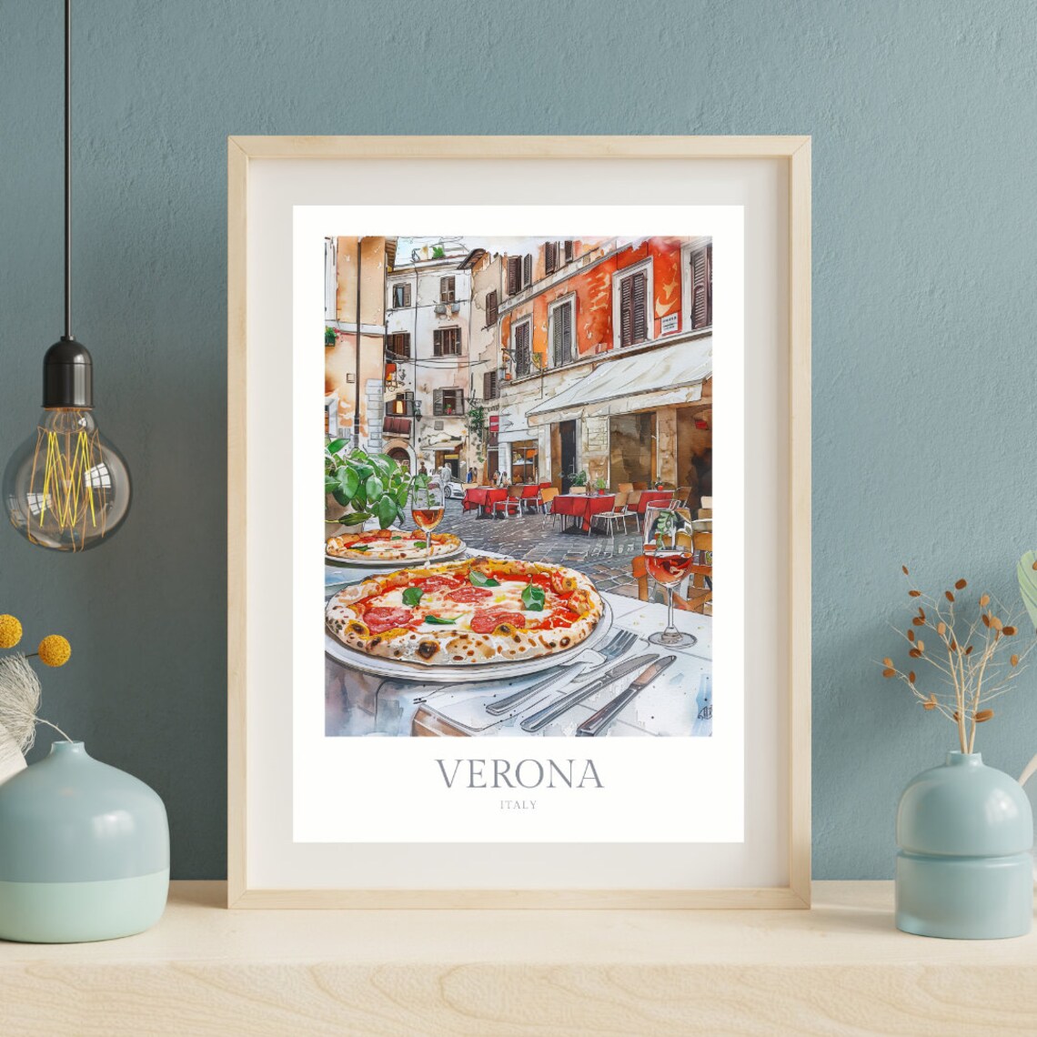 Verona Italy Watercolor Piazza Pizza Cafe Travel Poster Scene - Image 2