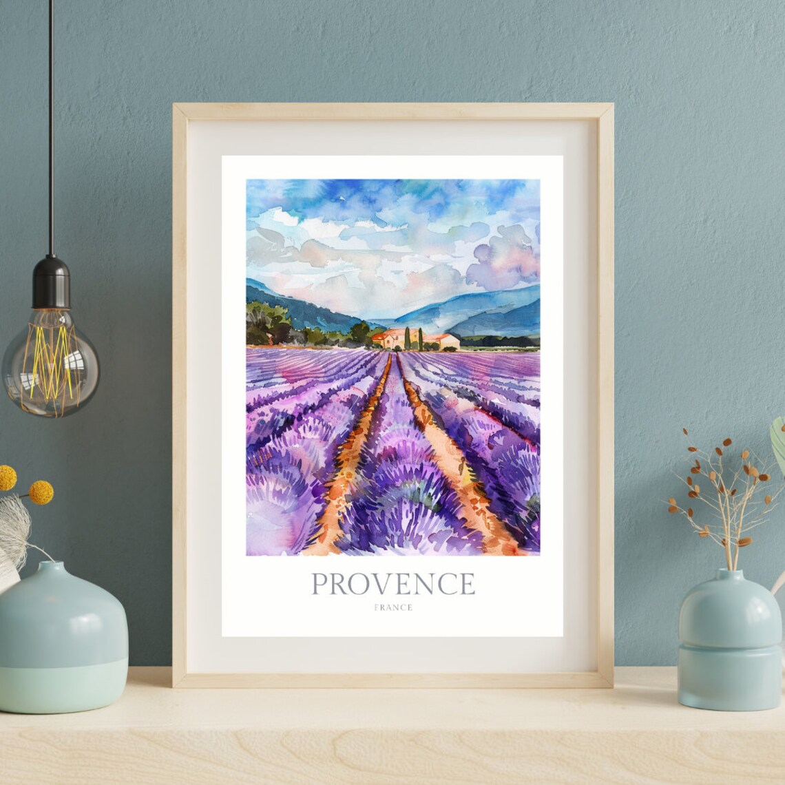 Provence France Watercolor Lavender Field Countryside Sunny Poster - Image 2