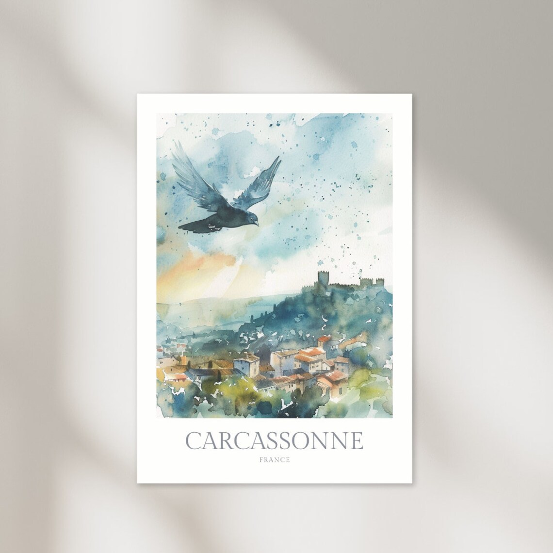 Carcassonne France Watercolor Medieval Fortress Town Bird Poster
