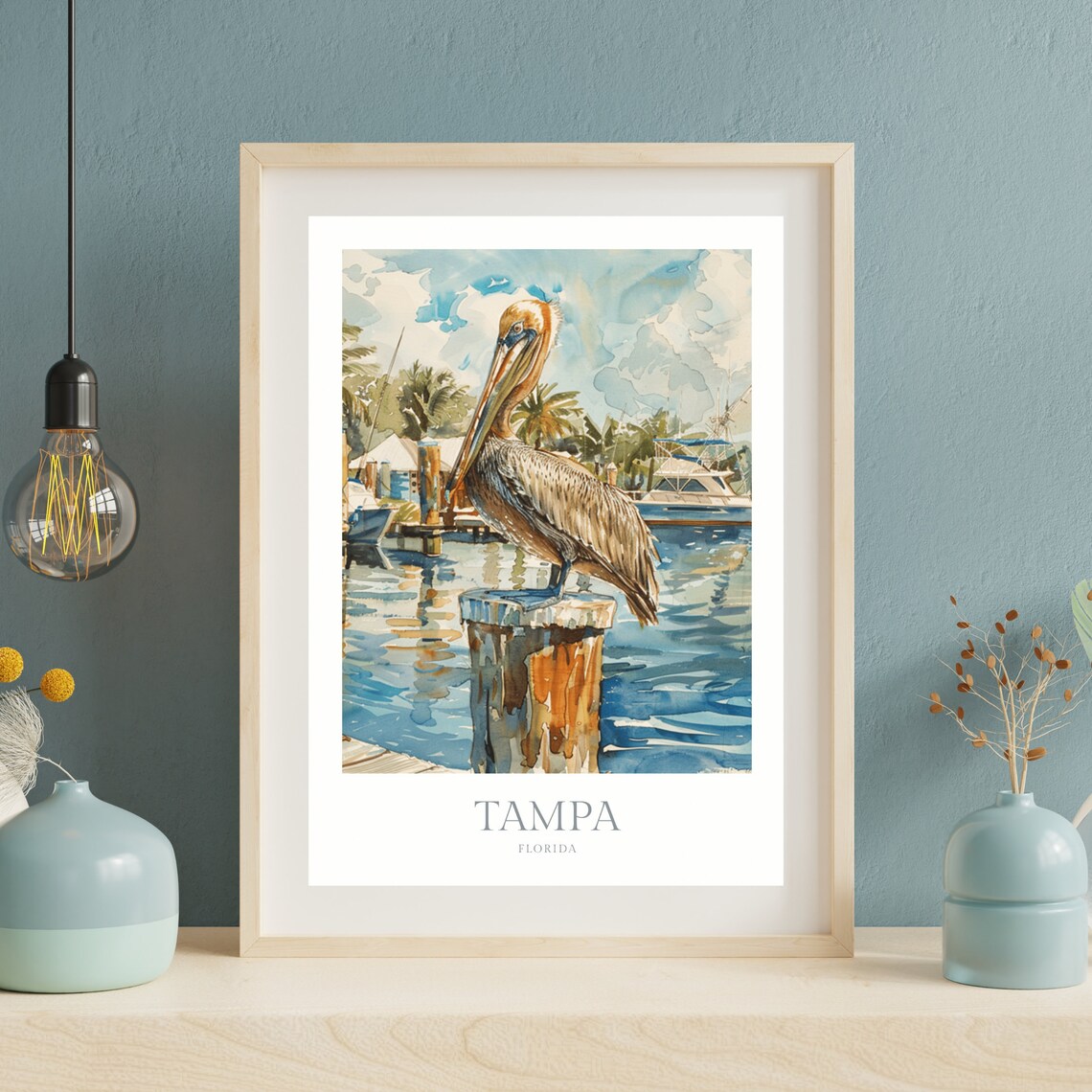 Tampa Florida Pelican On Harbor Piling Boats Watercolor Animal Poster - Image 2