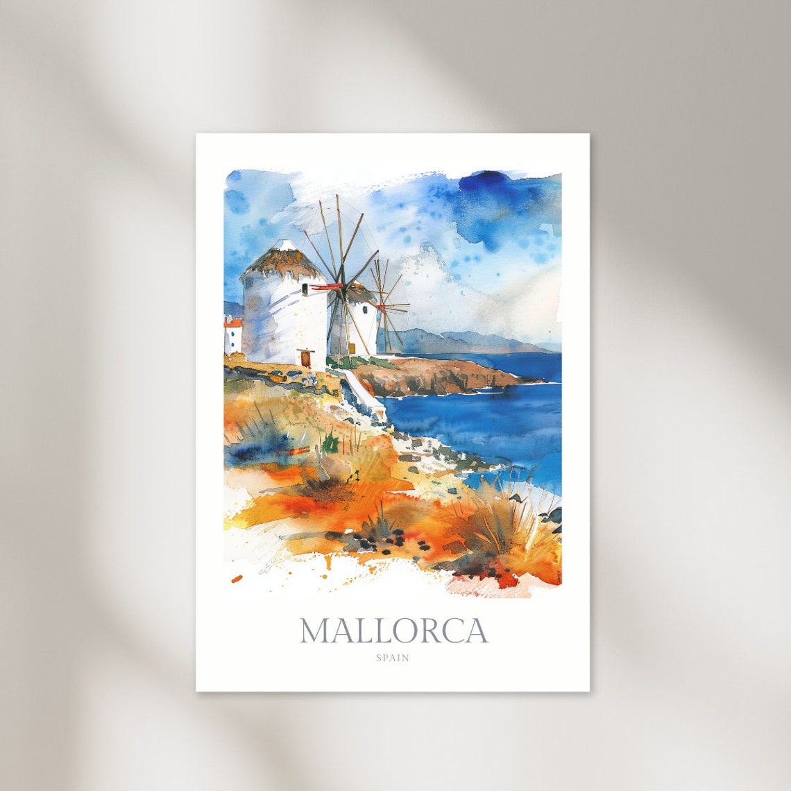 Mallorca Spain Coastal Windmill Cliffs Watercolor Travel Poster