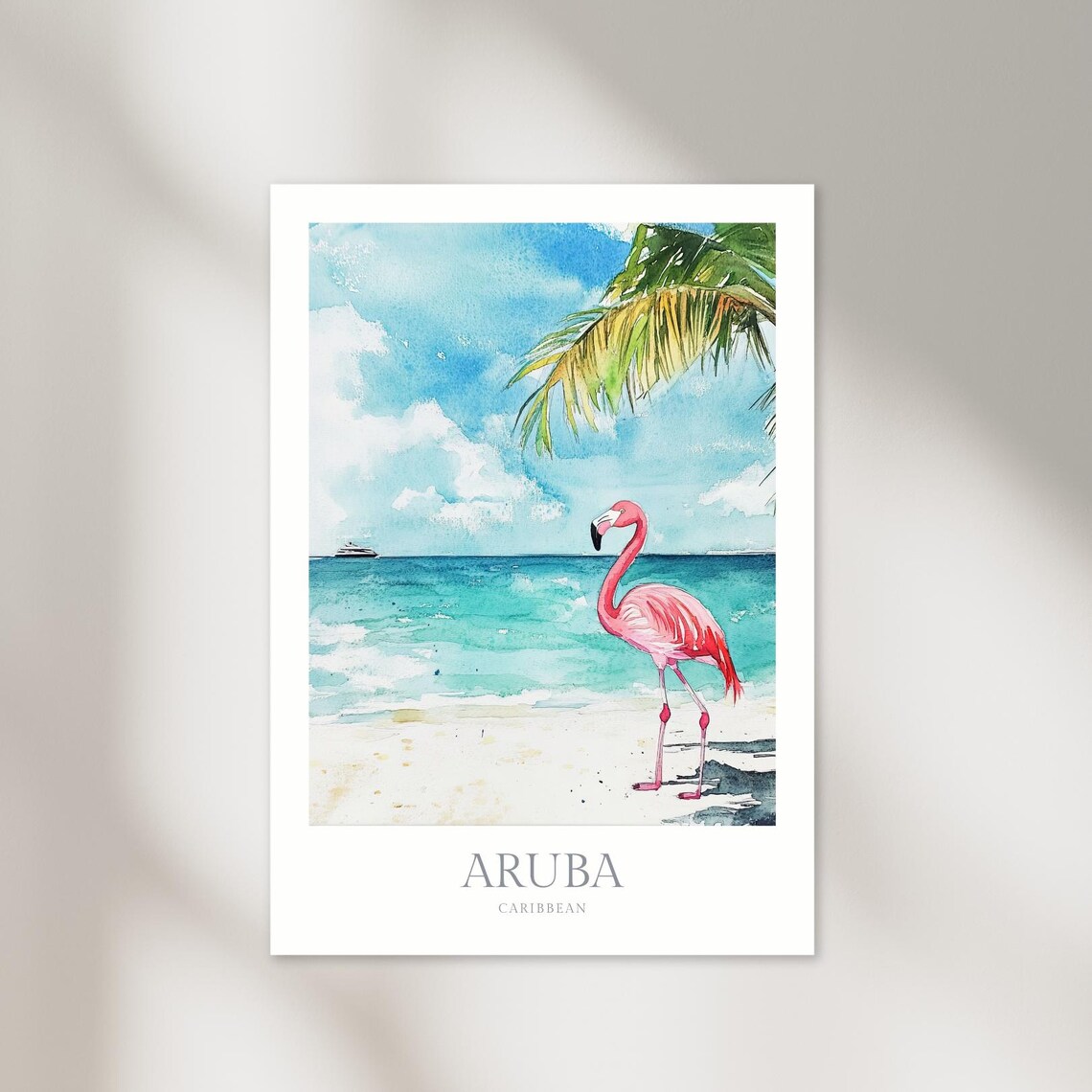 Aruba Caribbean Flamingo Beach Watercolor Tropical Travel Poster