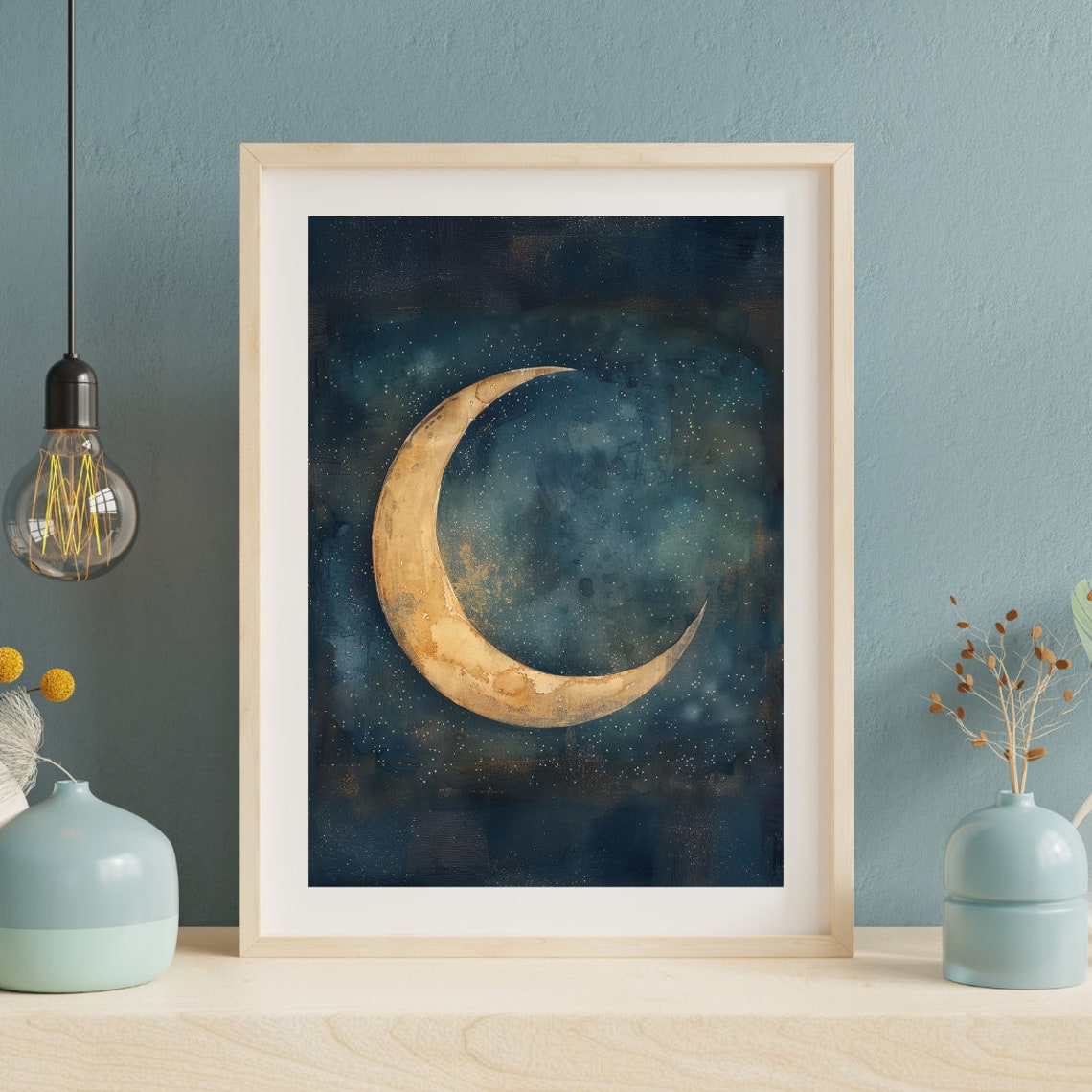 Golden Crescent Moon Dark Indigo Starry Night Sky Celestial Poster Art - Image 3