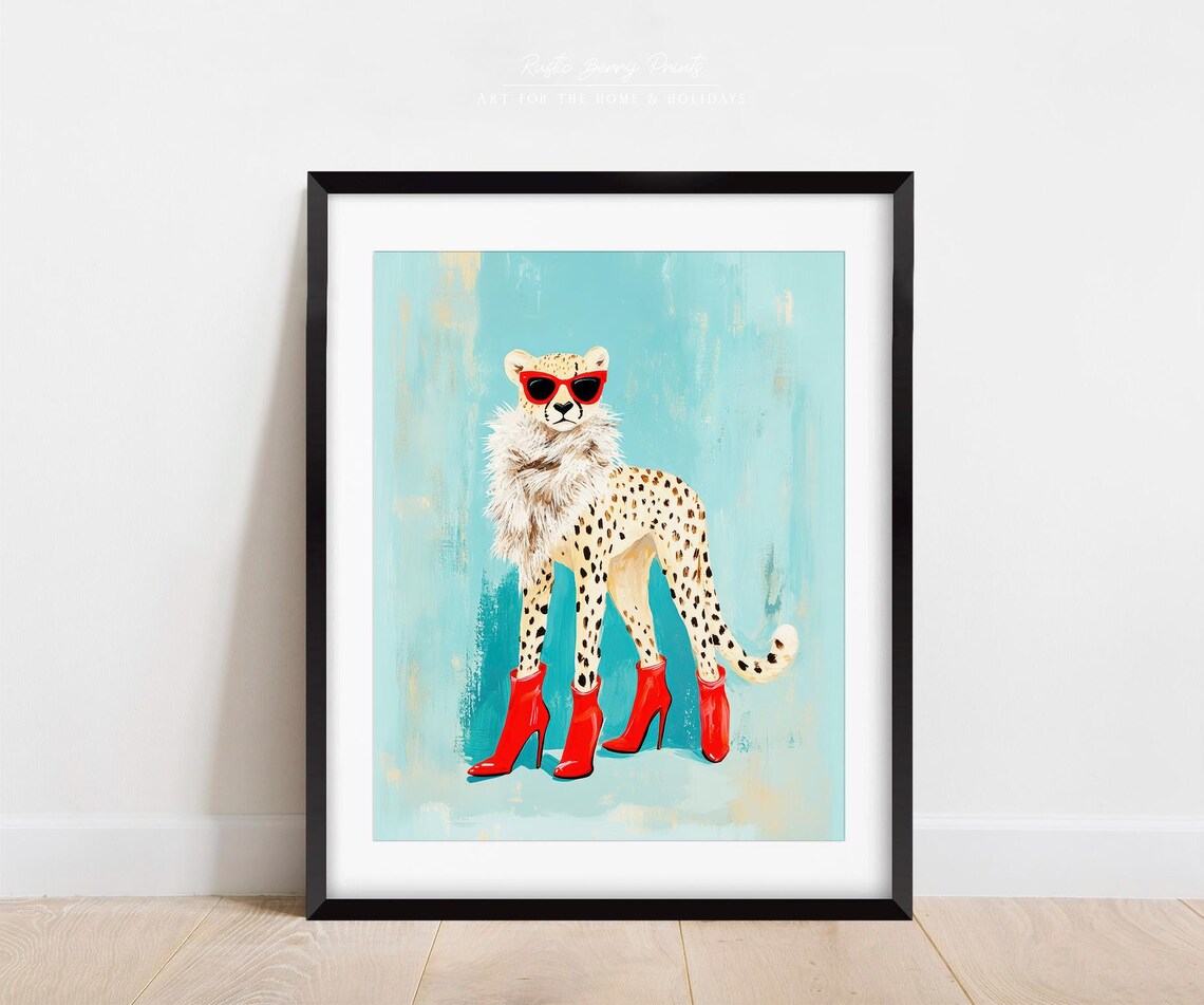 Cheetah Red High Heels Red Sunglasses Fur Scarf Fashion Art Print Poster - Image 3