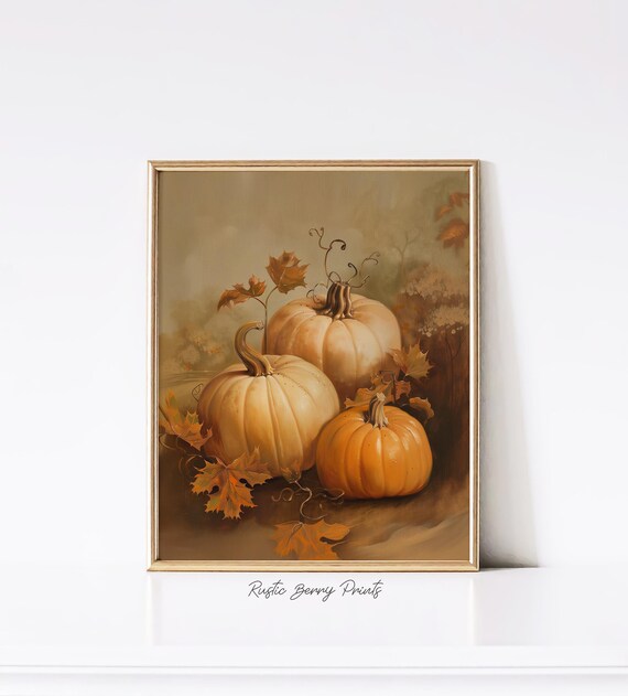Vintage Pumpkin Trio Autumn Leaves Warm Oil Painting Wall Art