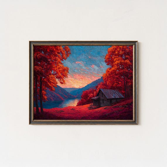 Autumn Valley Cabin Wall Art Print Fiery Red Fall Landscape With Lake And Sunset Sky Impressionist Nature Painting
