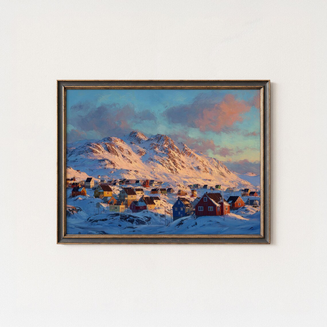 Colorful Arctic Village Snowy Sunrise Mountain Landscape Poster