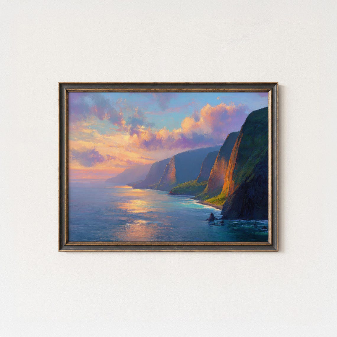 Golden Cliffs Ocean Sunset Billowing Clouds Sea View Seascape Poster