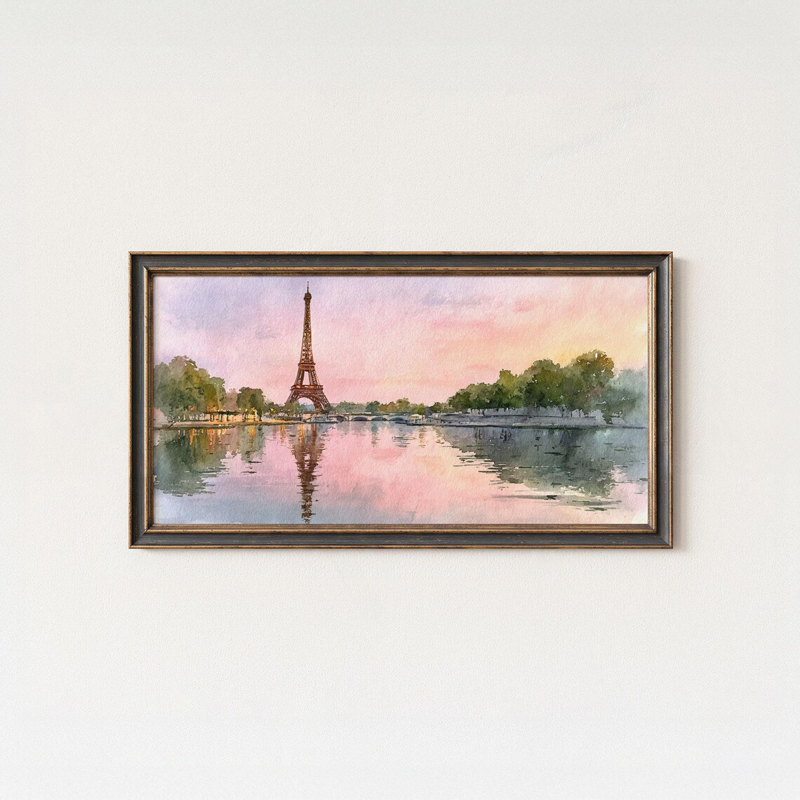 Paris Eiffel Tower Watercolor Romantic Sunset Seine River Reflection Poster