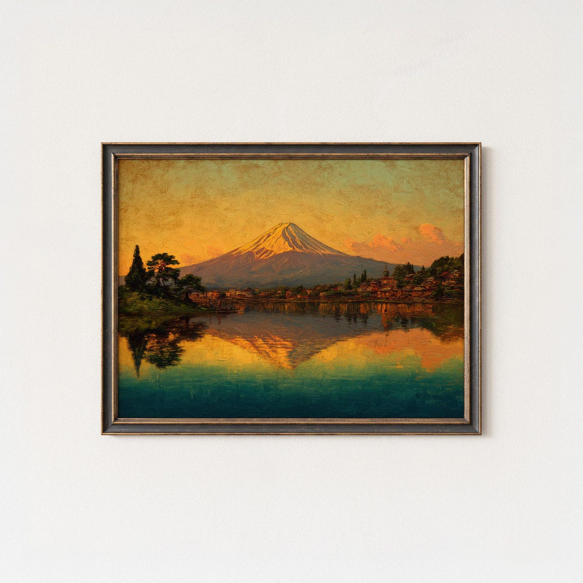 Mount Fuji Golden Sunset Lake Reflection Japanese Art Poster