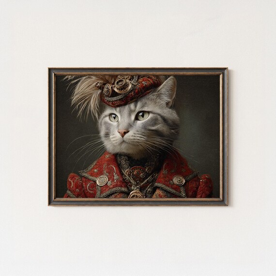 Steampunk Gray Cat Red Victorian Coat Feathered Hat Portrait Poster