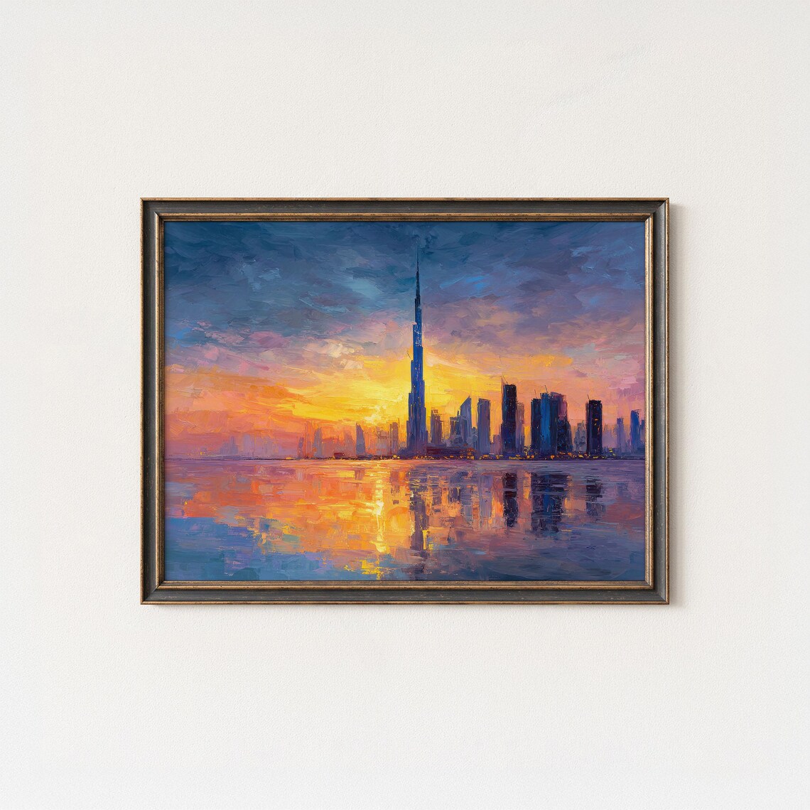 Dubai Burj Khalifa Sunset Skyline Water Reflection Oil Painting Poster