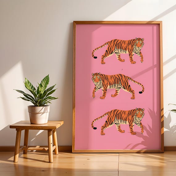 Pink Tiger Printable Wall Art Maximalist Eclectic Poster Trendy Animal Colorful Print Instant